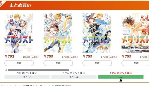 【kindleまとめ買いセール】12冊購入で最大12％ポイント還元。メダリストが既刊12巻なので一気買い推奨、今なら35％までポイント還元上昇できます（13日まで